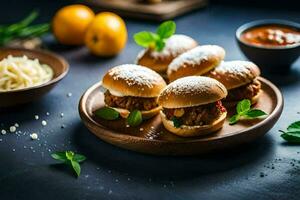 pequeño emparedados con carne y queso en un de madera lámina. generado por ai foto