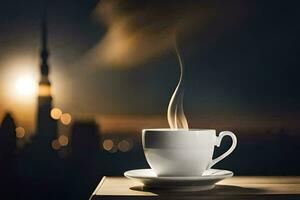 a cup of coffee on a table with a city in the background. AI-Generated photo