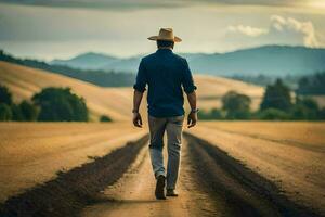 man walking on a dirt road in the middle of nowhere. AI-Generated photo