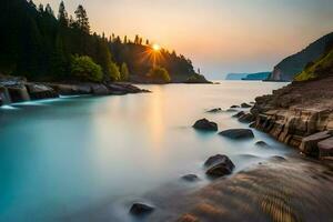 the sun sets over a lake with rocks and trees. AI-Generated photo