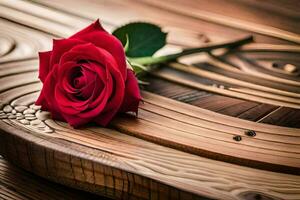 a single red rose sits on top of a wooden table. AI-Generated photo