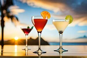 three cocktails sit on a table with the sun setting behind them. AI-Generated photo