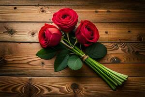 red roses on a wooden table. AI-Generated photo