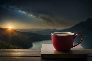 a cup of coffee on a wooden table in front of a mountain lake. AI-Generated photo