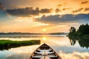 a canoe is floating on the calm waters of a lake at sunset. AI-Generated photo