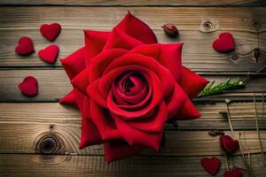 the rose is surrounded by hearts on a wooden background. AI-Generated photo
