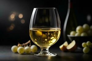 White wine in wine glass and grapes on black background. Commercial promotional photo. AI Generative photo