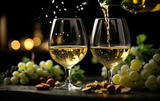 Pouring white wine into the glass on black background. Commercial promotional photo. AI Generative photo