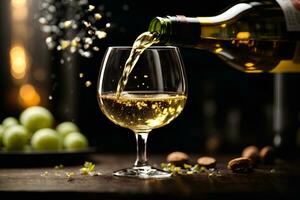 Pouring white wine into the glass on black background. Commercial promotional photo. AI Generative photo