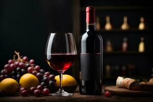 Wine glass of red wine, wine bottle and grapes on black background. Commercial promotional photo. AI Generative photo