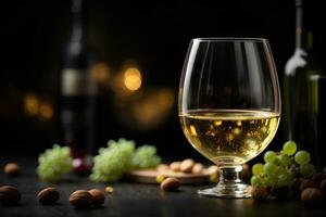 White wine in wine glass, grapes and almond on black background. Commercial promotional photo. AI Generative photo