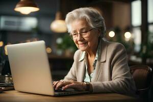 Old senior elderly woman working on laptop computer in cafe. AI Generative photo