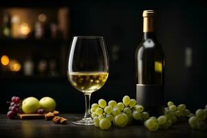 Wine glass of white wine, wine bottle and grapes on black background. Commercial promotional photo. AI Generative photo