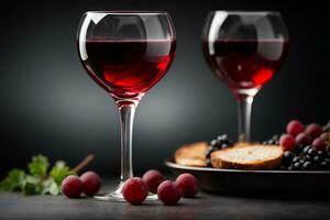 Red wine in wine glasses and grapes on black background. Commercial promotional photo. AI Generative photo