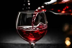 Pouring red wine into the glass on black background. Commercial promotional photo. AI Generative photo