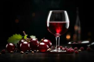 Red wine in wine glass and grapes on black background. Commercial promotional photo. AI Generative photo