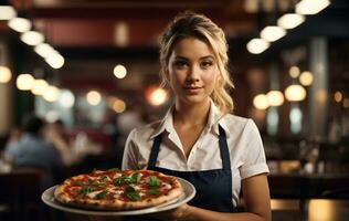 Smiling waitress hold in hands plate with appetizing pizza in cafe or restaurant. AI Generative photo