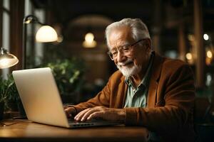 Old senior elderly man working on laptop computer in cafe. AI Generative photo