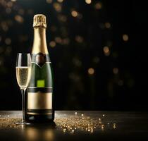 Glass of Champagne and Champagne bottle on dark background with bokeh. Space for text. Commercial promotional photo. AI Generative photo