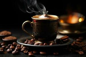 AI Generative. Hot black coffee mug on dark background photo