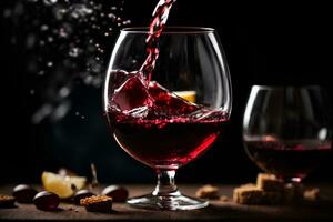Pouring red wine into the glass on black background. Commercial promotional photo. AI Generative photo