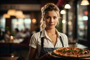 Smiling waitress hold in hands plate with appetizing pizza in cafe or restaurant. AI Generative photo