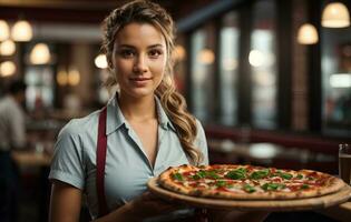 Smiling waitress hold in hands plate with appetizing pizza in cafe or restaurant. AI Generative photo