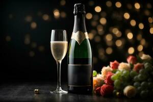 Glass of Champagne and Champagne bottle on dark background with bokeh. Commercial promotional photo. AI Generative photo