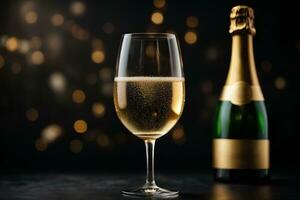 Glass of Champagne and Champagne bottle on dark background with bokeh. Commercial promotional photo. AI Generative photo