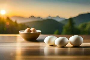 eggs on a table with mountains in the background. AI-Generated photo