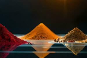 a variety of spices are arranged on a table. AI-Generated photo