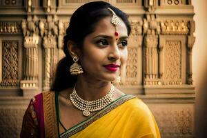 a beautiful indian woman wearing a yellow sari and jewelry. AI-Generated photo