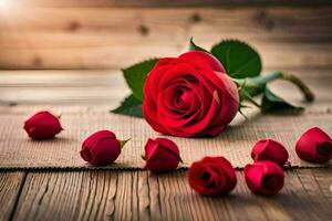 red roses on a wooden table. AI-Generated photo