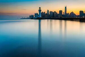 el chicago horizonte es visto en el distancia a puesta de sol. generado por ai foto