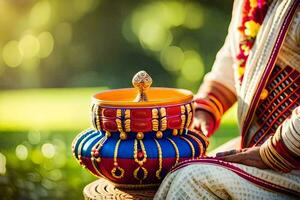 a woman in traditional indian attire is holding a pot. AI-Generated photo