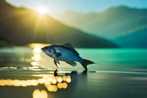 un pescado es en pie en el playa a puesta de sol. generado por ai foto