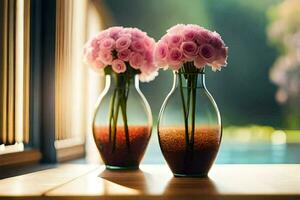 two vases with pink flowers sitting on a table. AI-Generated photo