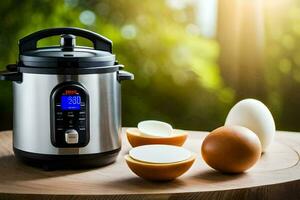 an electric pressure cooker with eggs and an egg timer. AI-Generated photo