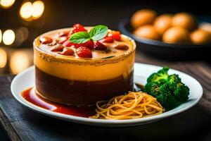 a dessert with noodles and berries on a plate. AI-Generated photo