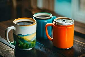 two coffee mugs with a mountain scene on them. AI-Generated photo