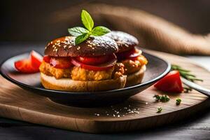 two chicken sliders on a plate with tomatoes and herbs. AI-Generated photo