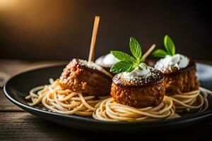 spaghetti with meatballs and cheese on a black plate. AI-Generated photo