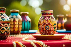 colorful vases on a table with pearls. AI-Generated photo
