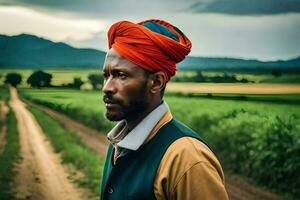 un hombre vistiendo un turbante soportes en un campo. generado por ai foto