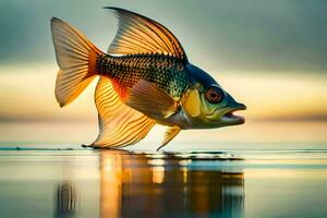 a fish is standing on the water with its mouth open. AI-Generated photo