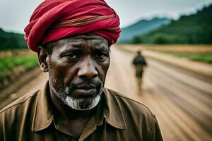 un hombre en un rojo turbante soportes en un suciedad la carretera. generado por ai foto