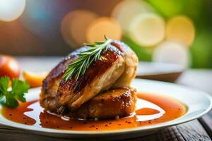 a chicken breast on a plate with sauce. AI-Generated photo