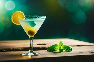 cocktail with lemon and mint on a wooden table. AI-Generated photo