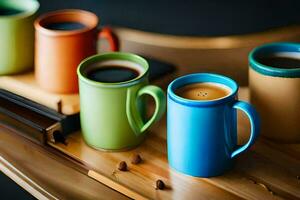a group of colorful coffee mugs on a tray. AI-Generated photo
