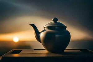 a teapot is sitting on a table in front of the sunset. AI-Generated photo